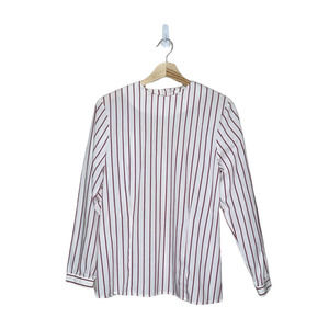 MR Whitt Striped Blouse Womens 4 White Print Long Sleeve Round Neck Back Buttons
